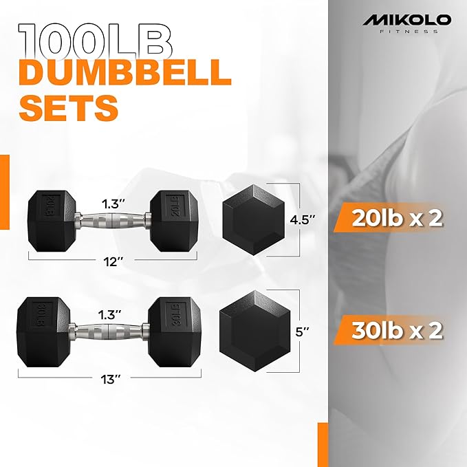 Mikolo Dumbbell Sets with Rack, Rubber Hex Dumbbells, Multiple Choices in 160/200/380/450/550LB, Hand Weights with Chrome Handle for Strength Training