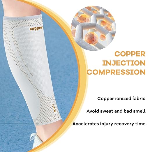 Copper Calf Compression Sleeves for Men & Women - High Stretch Graduated Compression with Anti-Slip Grip | Breathable & Smooth Lining Footless Design for Runners, Shin Splints, Leg Fatigue & Travel (Light Gray, XX-Large)