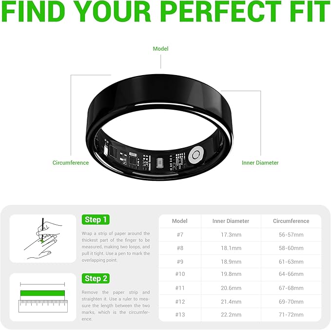 Smart Ring - Free Heart Rate SpO2 Sleep Tracker | No Subscription | IP68 Waterproof Fitness Tracker | 24/7 Activity Monitor | Step Counter & Stress Tracking | Sleep & Workout (Black, 11)