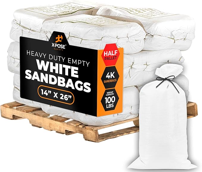 Xpose Safety Heavy Duty Sand Bags with Tie Strings – Empty Woven Polypropylene Sandbags for Hurricane Flood Protection, 100 lb Capacity, 14" x 26", White, Bulk Half Pallet Pack of 4000