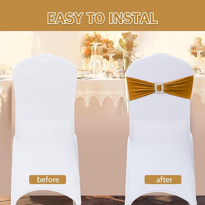 Joccun 120 PCS Spandex Chair Sashes Bows Stretch Chair Cover Band with Buckle Slider Universal Elastic Chair Ties for Wedding Banquet Party Event Decoration (Gold)