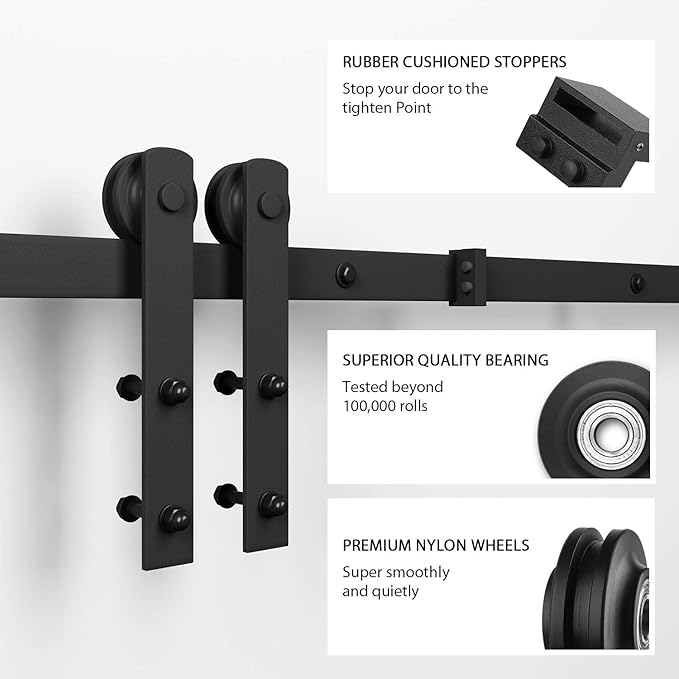 SMARTSTANDARD 5 FT Heavy Duty Sturdy Sliding Barn Door Hardware Kit, Black, (Whole Set Includes 1x Pull Handle Set & 1x Floor Guide) Fit 28''-30" Wide Door Panel (I Shape Hanger)