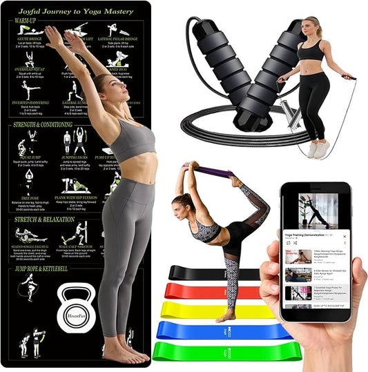 Lightweight and Portable Yoga Mat - Non-Slip Exercise Mat with Printed Yoga Poses for Pilates, Workout & Stretching - Includes Resistance Bands and Weighted Jump Rope - Home & Gym Use