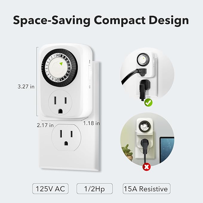 HBN Indoor Mini 24-Hour Mechanical Outlet Timer, for Electrical Outlets, 30 Minute Intervals, 3-Prong, 2-Pack, Light Timer for Indoor Lighting, ETL Listed