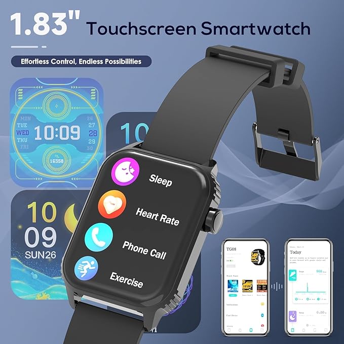 TRAUSI Smart Watch for Men, 120 Sports Modes Smartwatch with 1.83" HD, Alexa Built-in, Heart Rate/Sleep Monitor, IP67 Waterproof, Bluetooth Call & Music Control Fitness Watch for iPhone/Android Black