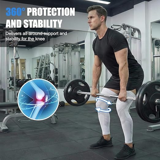 NuCamper Full Leg Compression Sleeves for Men and Women,2 Pack Legs Sleeves Long Knee Brace Support for Running, Basketball, Cycling, Workout, Sports - White,XL