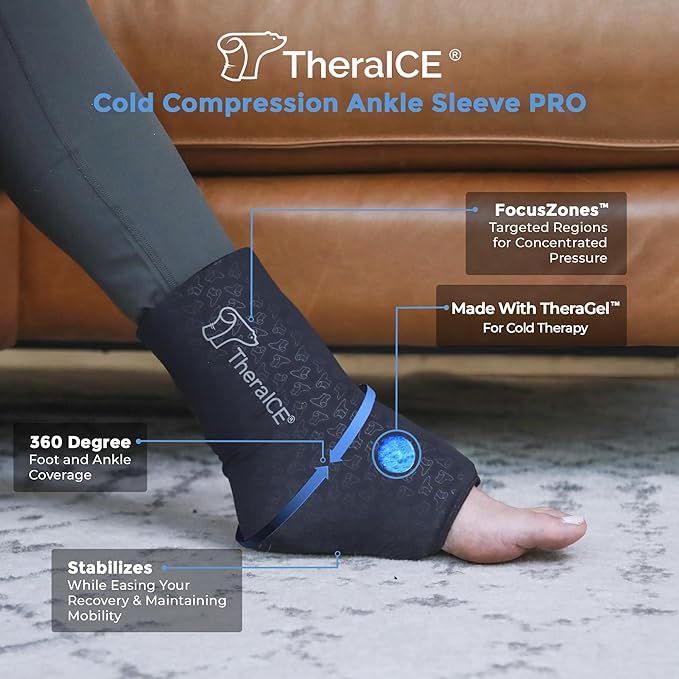 TheraICE Ankle Ice Pack Wrap for Swelling, Sprained Ankle Brace for Women Men, Cold Foot Heel Spur Support Compression Socks, Plantar Fasciitis Achilles Tendonitis Pain Relief FocusZone Extra Cooling