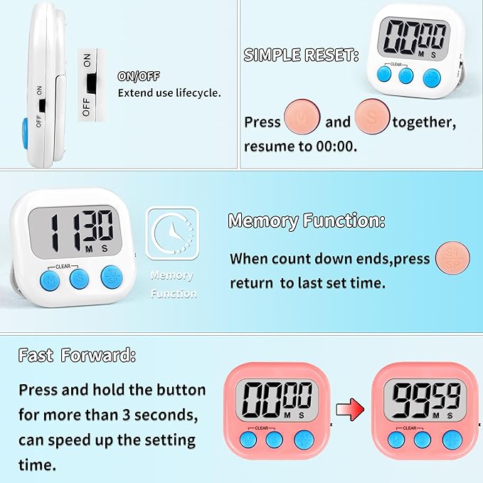Timer for Kids Teachers Digital Kitchen Timers for Cooking Large Magnetic Classroom Timer 12Pack-White Pink