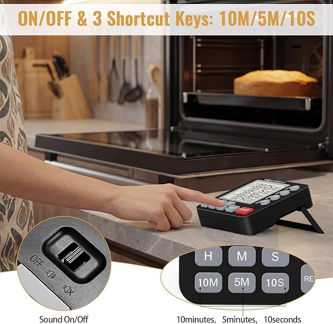 Digital Dual Kitchen Timer, 4 Channels Independent Countdown Timer, Large Display, On/Off, Loud Volume Alarm and Flashing Light with Magnetic Back, Stand, Battery Included (Black)