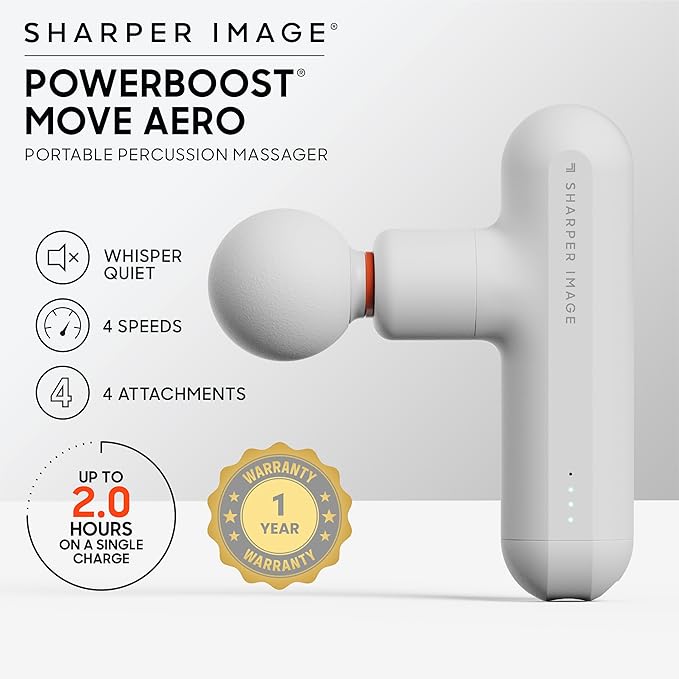 Sharper Image Powerboost Move Aero [New 2026 Version] Mini Deep Tissue Percussion Massage Gun| Muscle Recovery & Pain Relief Massage Tool| Full Body Back & Shoulder Massager| Travel Gift for Men Women
