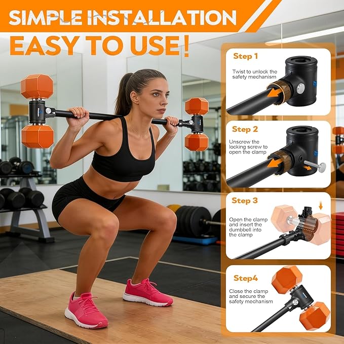 Dumbbell Converter, Transform Dumbbells to Barbell Bar,Adjustable & Up to 176 lb, Anti-Slip Grip & Secure Fit, Dumbbell Barbell Converter Bar Set for Home Gym, Compatible with Most Dumbbells, Strength Training Equipment for Weight Lifting