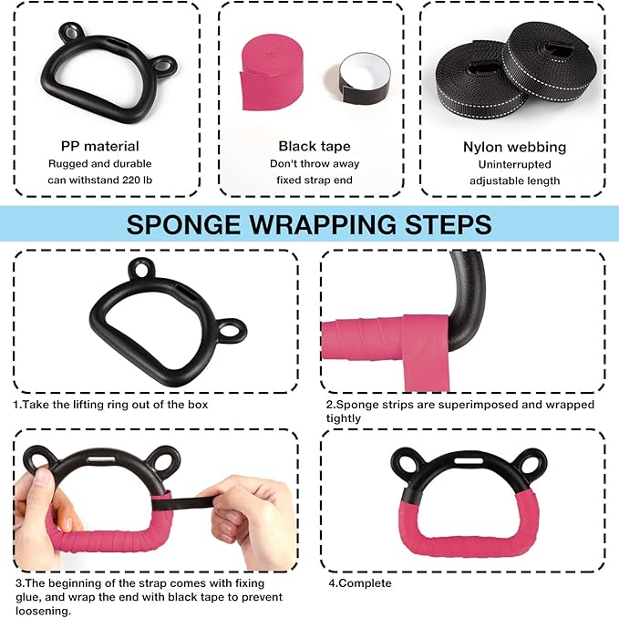EXQ Home Kids Gymnastic Rings Pull up Rings for Chlidren Exercise,Indoor Gym Ring,Kids Gymnastics Rings with Adjustable Straps,Load Bearing 220lb(NO Bar)