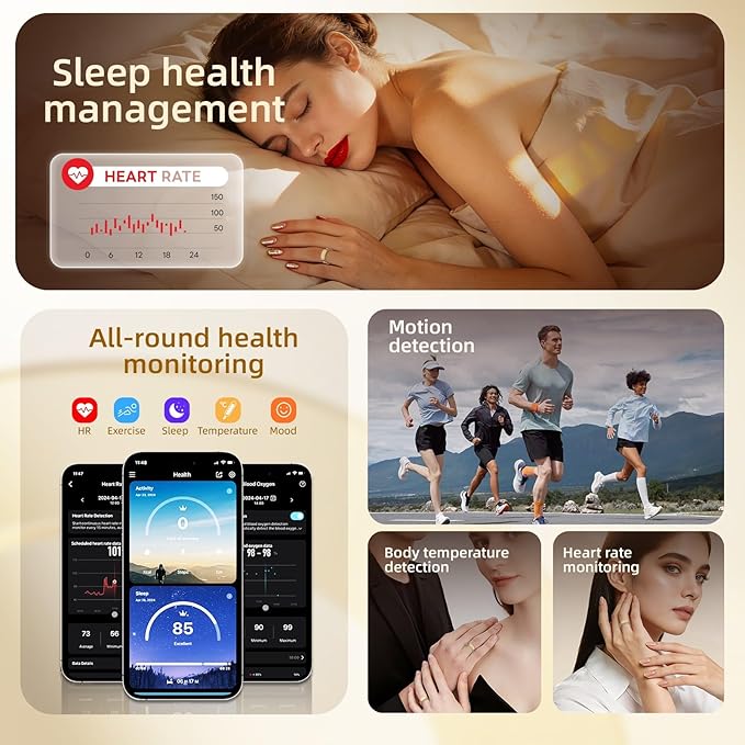 Smart Ring for Women& Men, Fitness Ring & Sleep Tracker Health Tracker With Heart Rate & Blood Oxygen Monitor, Step Counter Ring,IP68 Waterproof, No Subscription Fee for IOS & Android (Gold, #8)
