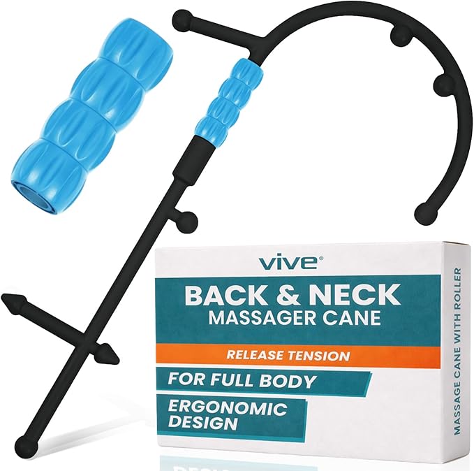 Vive Massage Cane with Roller - Interchangeable Heads - Trigger Point Tool - Neck, Back, Shoulder, Muscles Massager Handheld - Manual Self Massager - Muscle Knot Remover - Deep Tissue Pain Relief