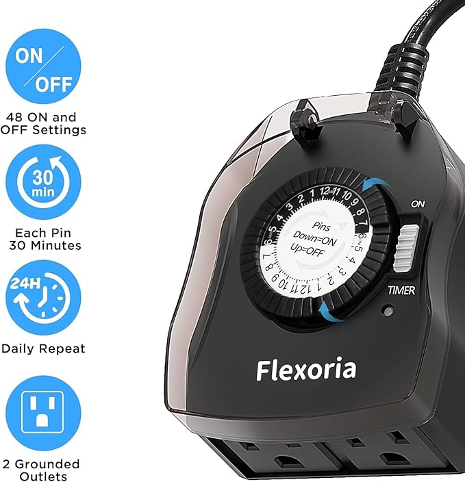Outdoor Timer Outlet Waterproof, 24 Hour Mechanical Plug in Light Timer, 2 Grounded Outlets for Outdoor Lights, 15A 1/2 HP, ETL Listed (2 Packs)