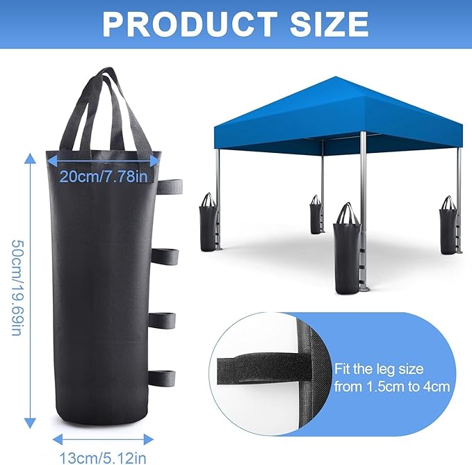 4-Pack Canopy Sand Bags for Weights, Waterproof, Durable, & Heavy Duty Black Sandbags with Double Handles for Stability - Perfect for Beach, Outdoor Canopy Tent, Sun Shelter, Gazebo (Without Sand)