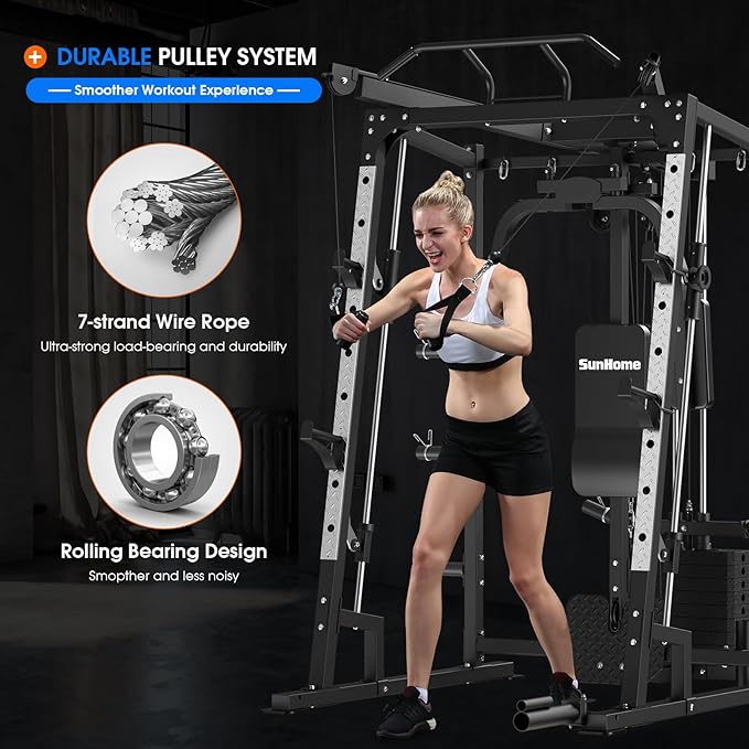 SunHome Smith Machine, Power Cage Squat Rack with Smith Bar, LAT Pull-Down Systems, Cable Crossover Machine and Cable Attachment for Home Gym