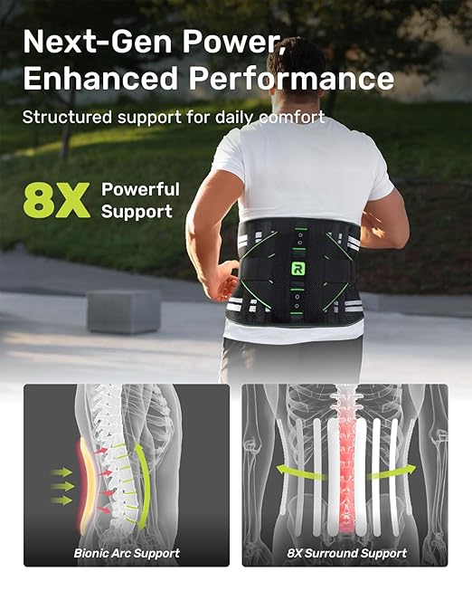 Rakiie Lumbar Back Brace with Removable 3D Pad, Adjustable Lower Back Pain Relief Support for Men and Women, Comfortable Back Support Belt Ideal for Lower Back Pain, Sciatica, Green Size XL