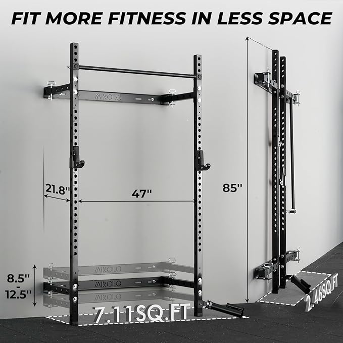Mikolo 2" x 2" Folding Wall Mounted Squat Rack, 1000 Pounds Capacity Power Rack with Pull Up Bar, J Hooks and Other Attachments, Space-Saving Home Gym