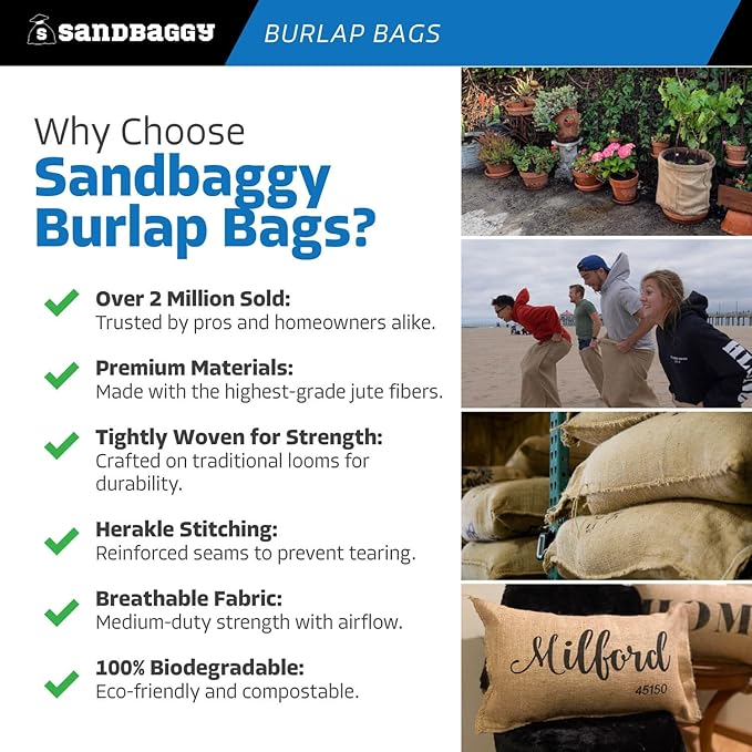Sandbaggy Burlap Sand Bags - Size: 14" x 26" - 50 lb Weight Capacity - For Flooding, Flood Water Barrier, Tent, Empty (10 Bags)