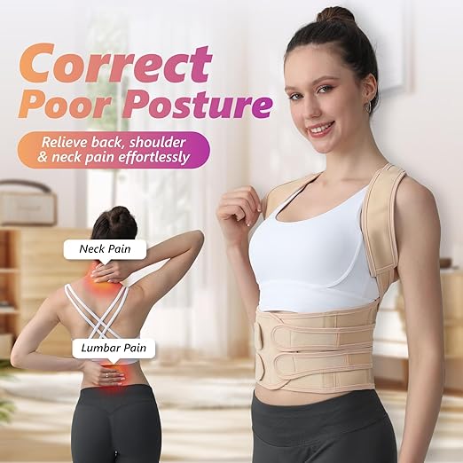 Posture Corrector for Women and Men, Adjustable Shoulder Straightener with Full Back Support, Relief for Lower & Upper Back Pain, Spine, Scoliosis Relief (Beige, Small)