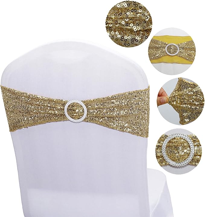Dimatic 25 PCS Stretch Sequin Chair Sashes Chair Stretchy Spandex Bands for Wedding Reception Events Banquets Chairs Decoration (Champagne)