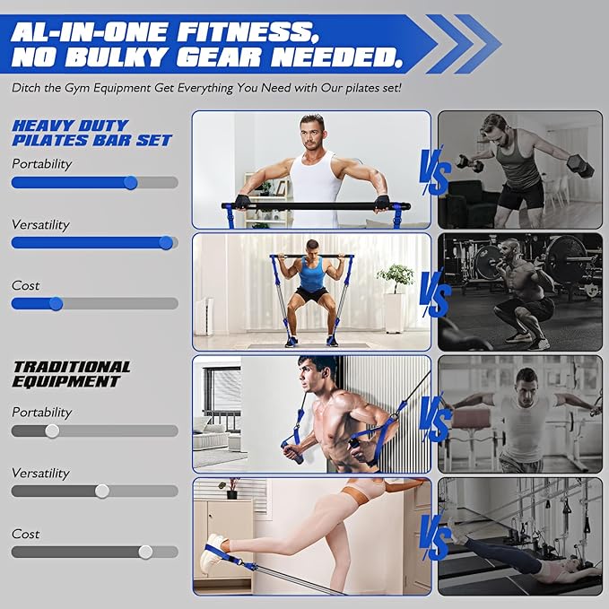 Pilates Equipment, Heavy Duty Pilates Bar Kit with Resistance Bands, Portable Gym Adjustable Exercise Bands, Home Squat Training, Arm, Abs, Waist, Chest Strength Workout Equipment for Men