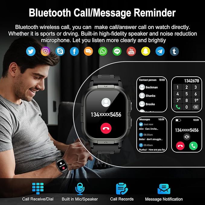 Smart Watch for Men Fitness Tracker: Waterproof Make/Answer Call Military Digital Watches Run Smartwatch Android Phones iPhone Samsung Compatible Heart Rate Monitor Orange Black