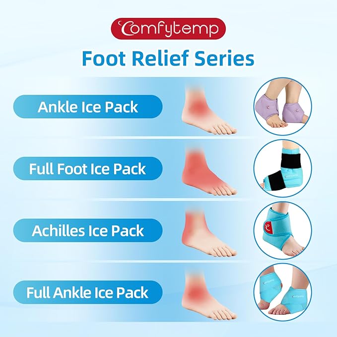 Comfytemp Ankle Ice Pack Wrap for Sprained Ankles, Plantar Fasciitis, Foot Pain Relief, Reusable Gel Hot Cold Compress Brace for Achilles Tendonitis, Injury, Swelling, 2 Packs, Purple
