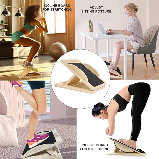 3-in-1 Portable Wooden Slant Board, Balance Board & Resistance Band – 5 Incline Angles –Incline Board – Slant board for exercise, Squats, Physical Therapy – Anti-Slip Surface, Portable, Metal Hook