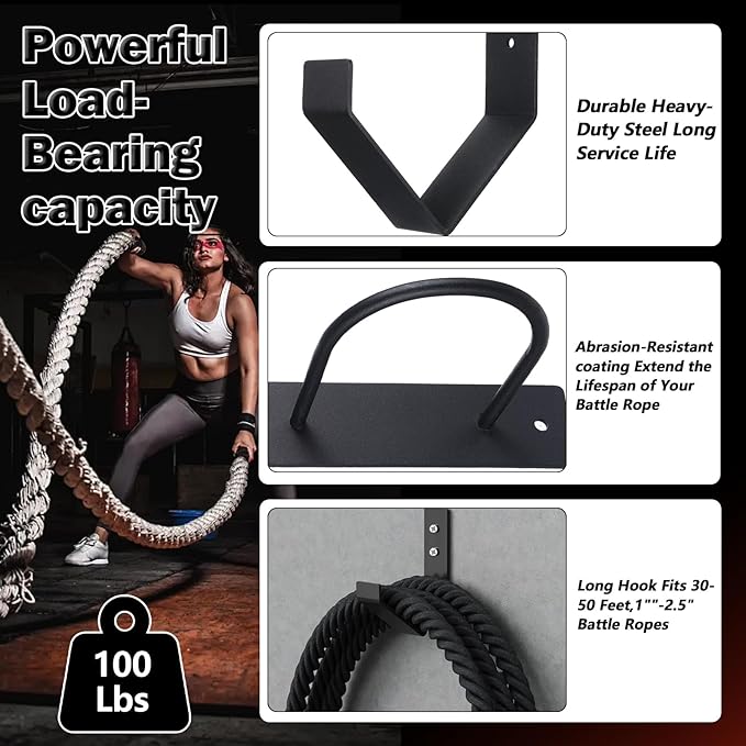 Battle Rope Wall Mount Kit, Heavy Duty Steel Anchor and Storage Hook for 30-50 Feet,1"-2.5" Ropes, Black