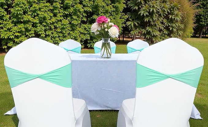 VDS Pack of 200 PCS | Tiff Blue | Spandex Chair Sashes Bows Without Buckle | Stretch Elastic Banquet Universal Folding Chair Band Tie with for Wedding Party Conference Celebration Event Decoration