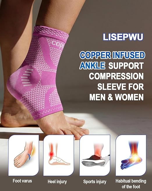 LISEPWU Copper Ankle Brace, Copper Infused Ankle Support Compression Sleeve for Men & Women, for Foot Pain Relief, Sprained Recovery, Achilles Tendonitis, Daytime or Night Use(Purple XL)