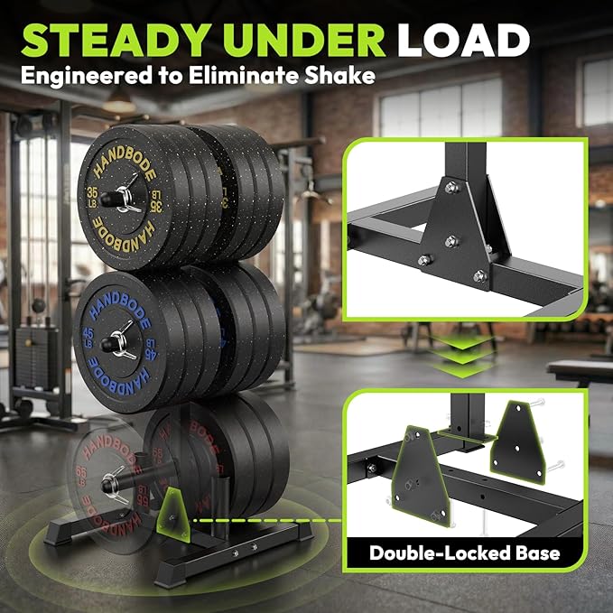HANDBODE Weight Plate Rack with Barbell Storage, 6-Peg Vertical Holder for 1 or 2-Inch Plates, Heavy Duty 1100 lbs Capacity for Home Gym Organization
