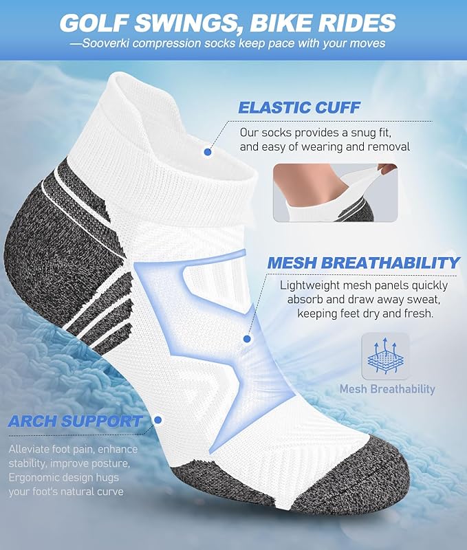 Cushioned Cotton Ankle Compression Socks for Men Women 6 Pairs Wicking Low Cut Arch Support Plantar Fasciitis Socks