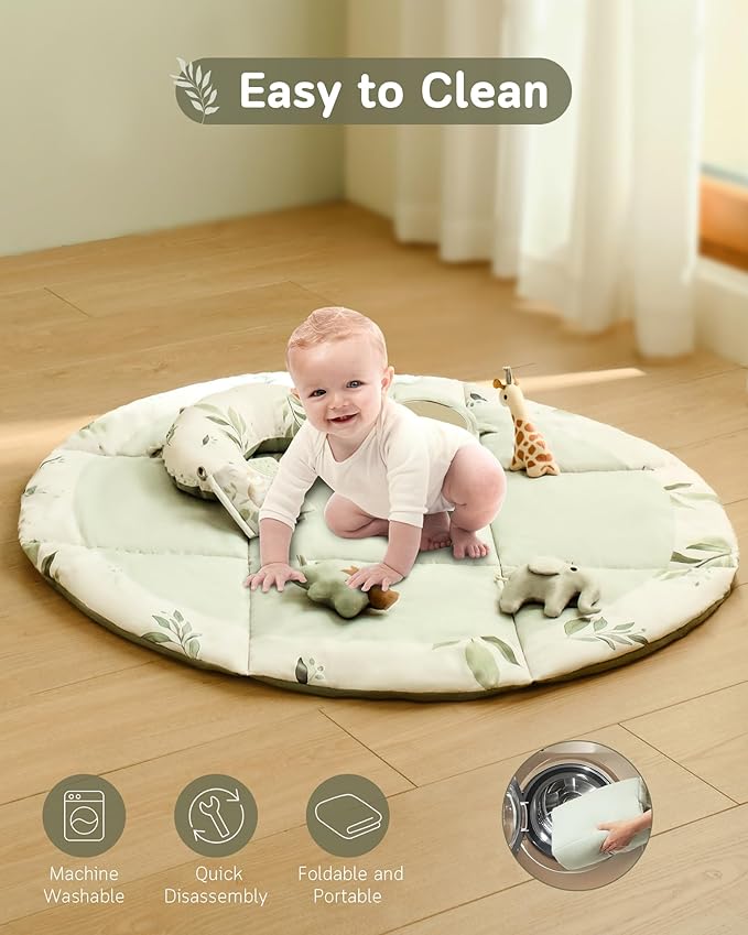 Fortella Baby Play Gym & Activity Mat, Machine Washable & Foldable Tummy Time Mat with 5 Detachable Toys, Certified Safe Newborn Essentials Gift for Baby Registry 0-12 Months (Sage Green)