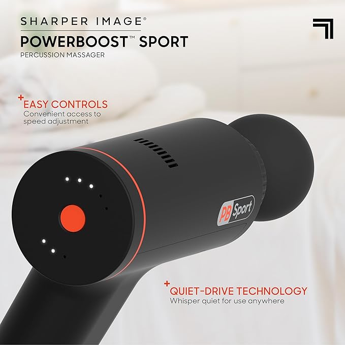 Sharper Image® Powerboost™ Sport Percussion Massager, Lightweight Portable Design with Quiet Drive Technology, Includes 3 Attachments