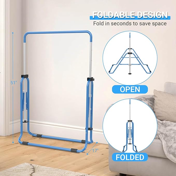 Foldable Gymnastics Bar, 5-Height Adjustable Gymnastic Bars for Kids at Home,Robust & Stable for Indoor/Outdoor Using,Weight Limit 140LBS