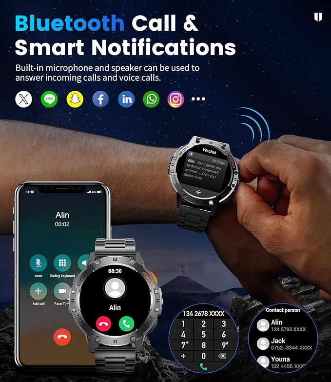 LIGE 1.43" AMOLED Smart Watch for Men with Flashlight, Bluetooth Calling, 100+ Sport Modes, 530mAh, IP68 Waterproof Fitness Tracker for Workout, iOS Android Compatible, Black Steel Camouflage Silicone
