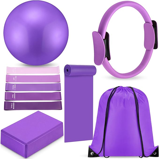 Silipull 10 Pcs Pilates Ring Blocks Set for Women Home Yoga Equipment Accessories Pilates Ring Circle and Ball Workouts Gift Include Ball Yoga Circle Resistance Bands Block Straps Gym Bag