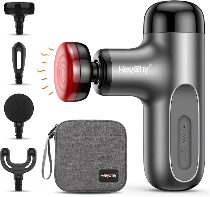 HEYCHY Mini Massage Gun with Heat, Deep Tissue Massage Gun, Portable Percussion Muscle Massager with 4 Massage Heads for Athletes