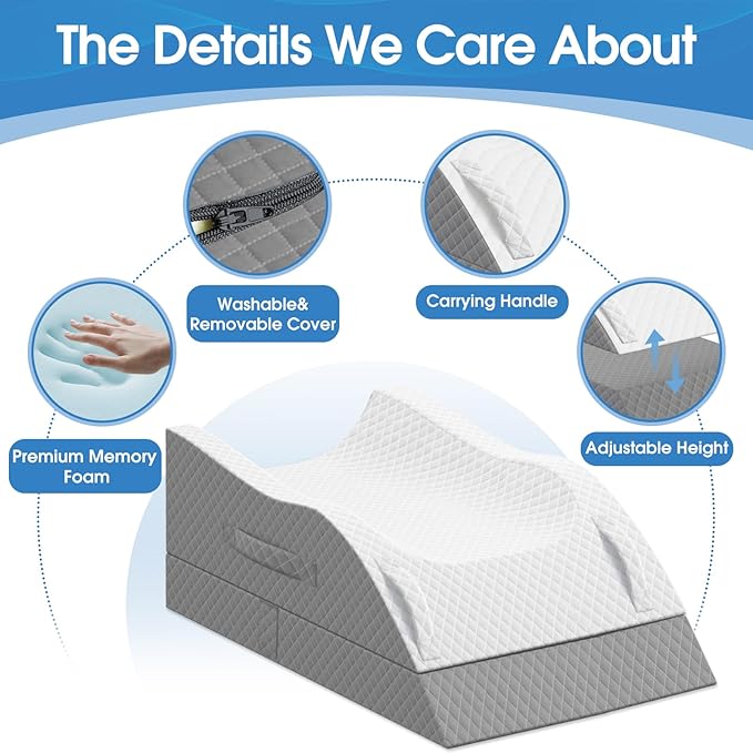 TranquilRelax Elevation Pillows for Leg After Surgery, Memory Foam Adjustable Wedge Pillow for Injury or Rest, Ankle Pillow for Sleeping Blood Circulation Grey/Double Leg