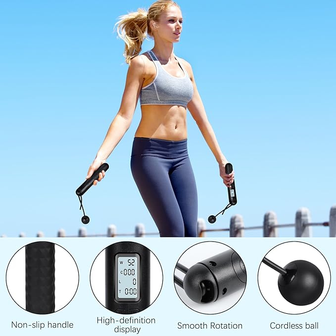 Skipping Rope with Counter, Cordless Jump Rope, Intelligent Timed Weighted Jump Rope, Adjustable Digital Counting Jumps Ropes for Lose Weight, Burn Calories