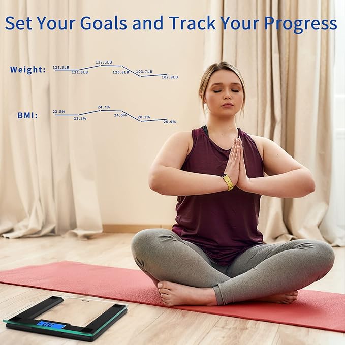 Vitafit 550lb Digital Bathroom Scale for Body Weight and BMI Via Smart APP, High Accuracy Assured by Weighing Professional Since 2001, 8mm Tempered Glass, Extra Large Blue Backlit LCD, Black