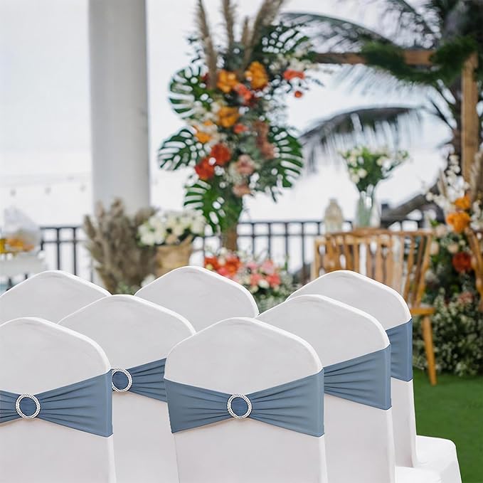 100 PCS Spandex Dusty Blue Chair Sashes Stretch Chair Bands with Buckles Slider Chairs Bows for Wedding Party Birthday Bridal Shower Engagement Banquet Anniversary Christmas Event Decor