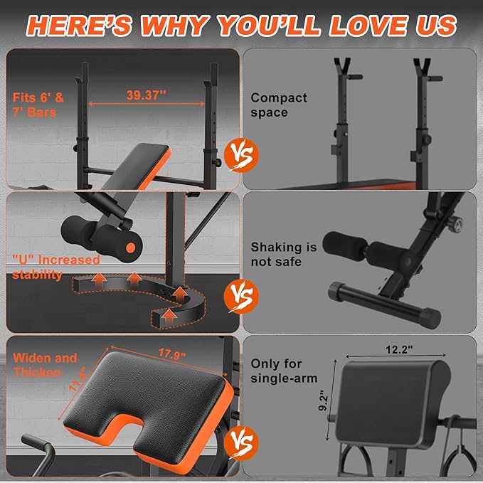 990LBS 6 in 1 Weight Bench Set with Leg Extension/Curl and Preacher Curl, Bench Press Set with Barbell Rack, Workout Benches for Home