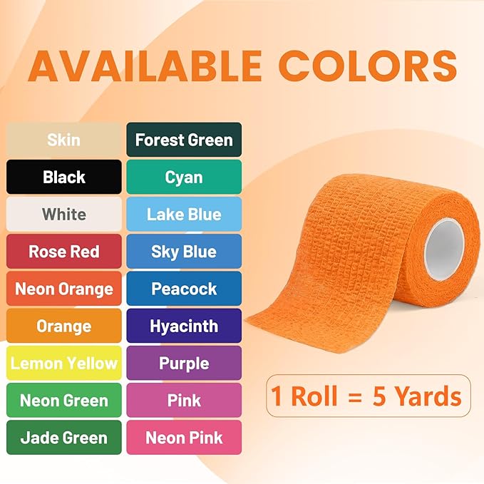 18 Pack Self Adhesive Bandage, 2 Inch Orange Cohesive Bandage for Vet Wrap, Breathable Wound Tape, Strong Elastic Wrap Support for Thumb Finger, Hand Wrist, Ankle and Knee