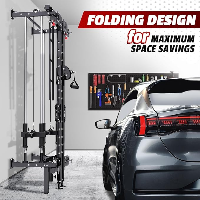 Folding Squat Rack, Wall Mounted Power Rack with Cable Crossover Machine & LAT Pull Down Multi-Function Space-Saving Power Cage with 7 Adjustable Modes/Dual Pulley System/Pull-up Bar/360°Landmine