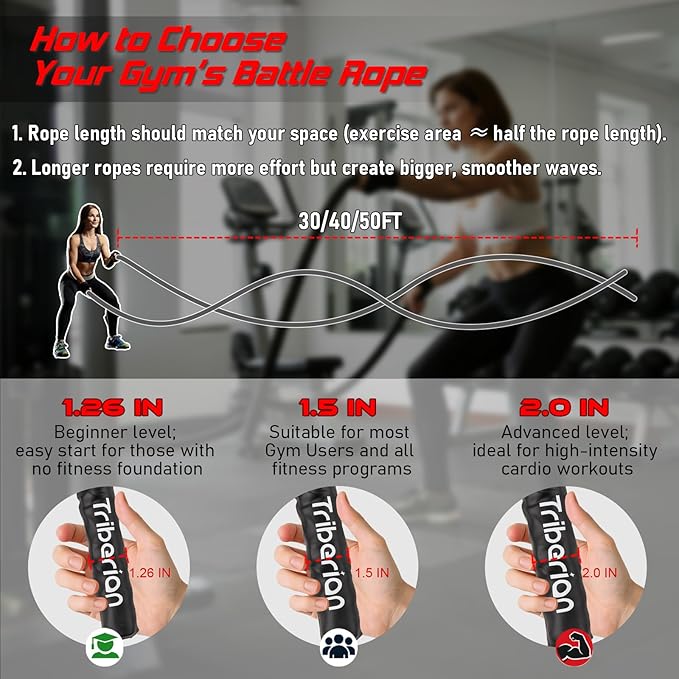 Battle Rope for Home Gym Workout - 1.5 Inch 30ft Heavy Weighted Training Exercise Ropes Fitness Equipment with Sleeve and Anchor Strap Kit for Outdoor Working Out - Gray