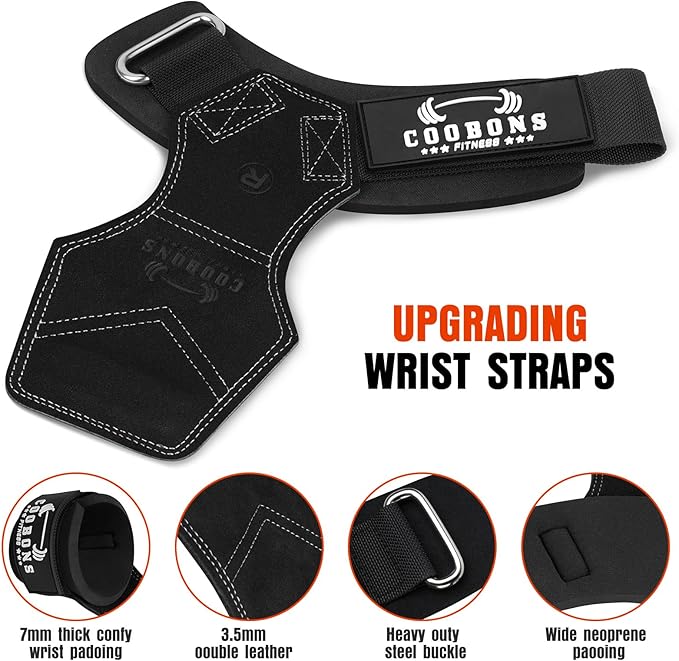 Weight Lifting Wrist Straps, Gym Straps Weight Lifting for Deadlift and Powerlifting, Double Layer Leather Wrist Wraps with Padded Cushion Wrist Loop, Weightlifting Grips for Men and Women